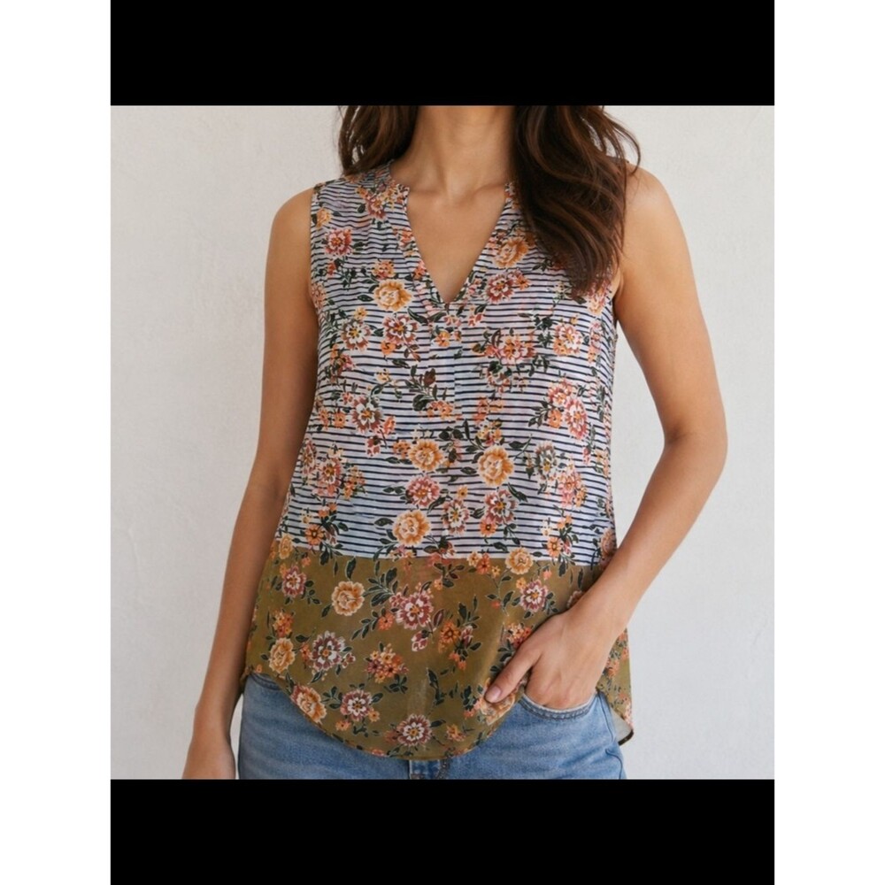 Cabi Floral Sleeveless Blouse XS Striped Sheer Layered Tank Top Boho Cottagecore